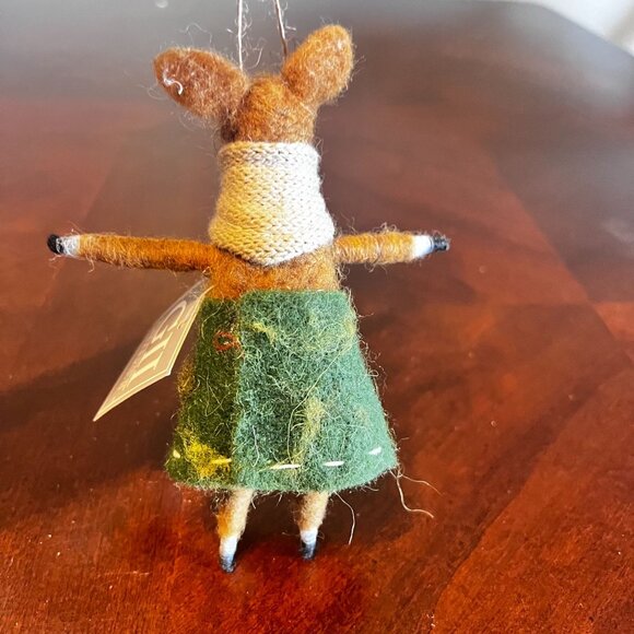 Gallerie II Felted Wool Fox Ornament Green Skirt & Scarf Rustic Woodland Style - Picture 2 of 6